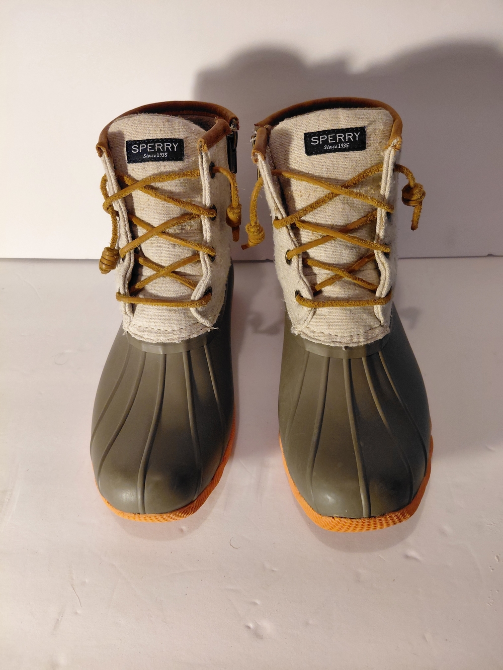 Sperry Duck Boots in Olive Green with Orange Trim